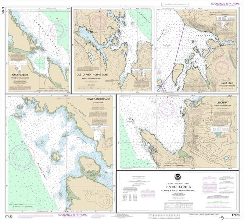 Harbor Charts- Clarence Strait and Behm Canal, Dewey Anchorage, Etolin Island, Ratz Harbor, Prince of Wales Island, Naha Bay, Revillagigedo Island, Tokstoi and Thorne Bays, Prince of Wales Island, Union Bay, Cleveland Peninsula - <i>Chart #17423</i>