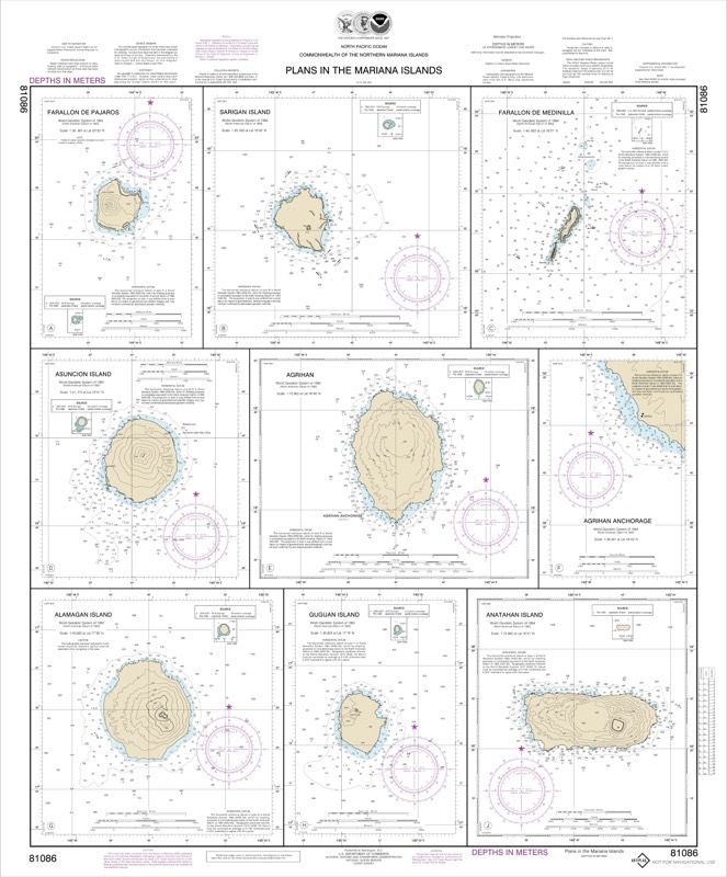 Plans in the Mariana Islands (Metric) Faraloon de Pajaros;Sarigan Island;Farallon de Medinilla;Ascuncion Island;Agrihan;Agrihan Anchorge;Alamagan Island;Guguan;Anatahan - <i>Chart #81086</i>