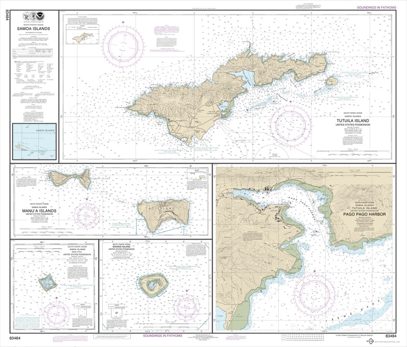 U.S. Possessions in Samoa Islands, Manua Islands, Pago Pago Harbor, Tutuila Island, Rose Atoll, Swains Island - <i>Chart #83484</i>